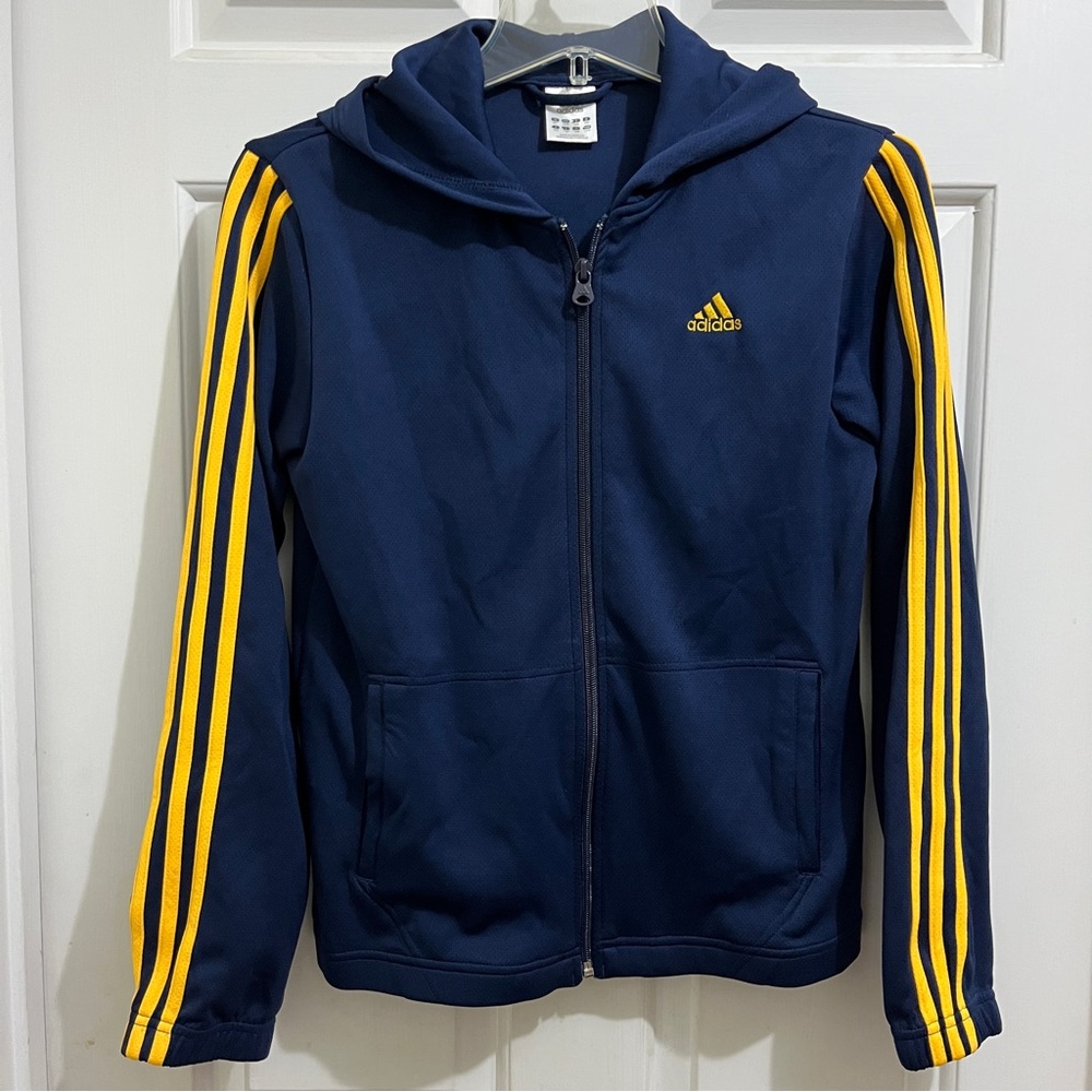 Vtg ADIDAS CLIMALITE HOODED TRACK JACKET Girls L/14, navy/yellow stripes, zip up